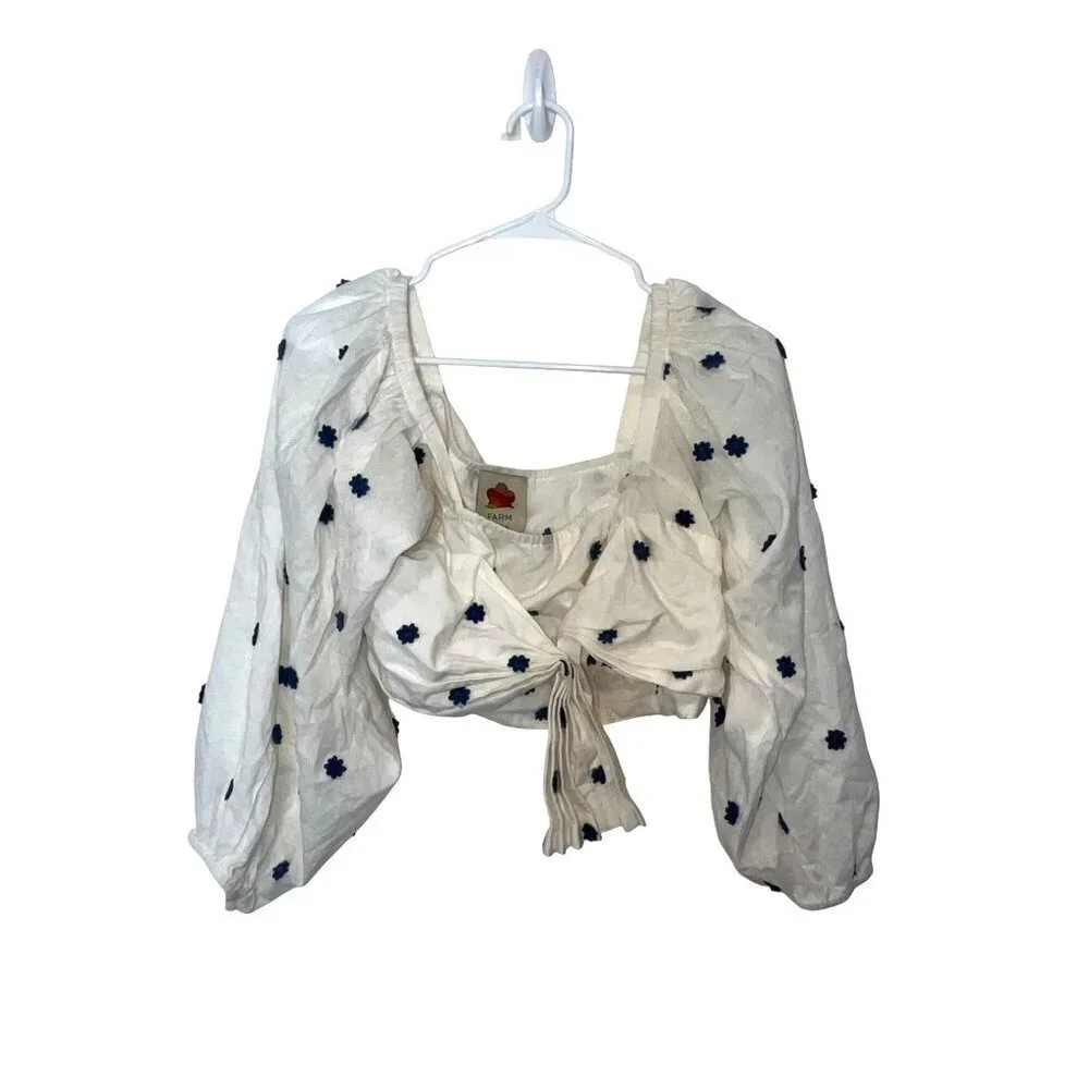 Farm Rio Anthropologie Bow front crop top white blue flower L summer beach